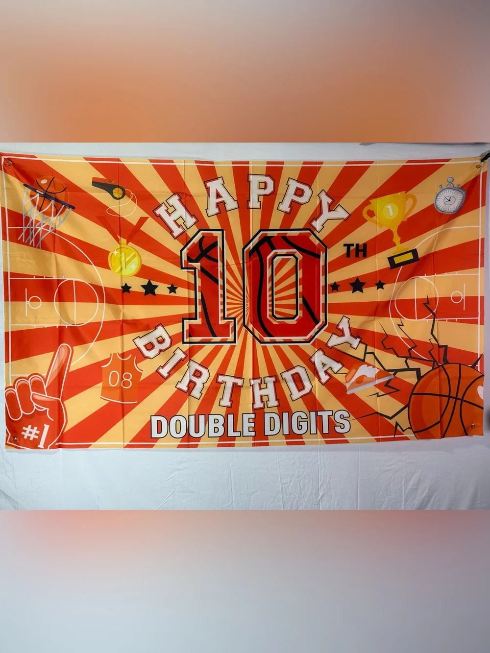Basketball Theme Happy 10th Birthday Backdrop Banner 6x3 1/2Ft.